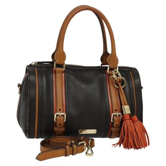 BURBERRY Hand Bag Leather 2way Dark Brown Gold Auth 114741
